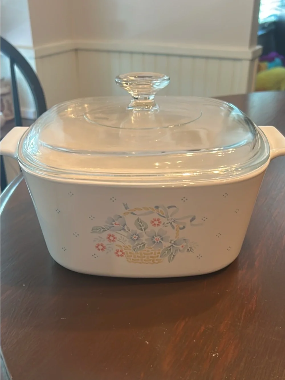 Corelle Cream Covered Casserole with Floral Basket Motif
